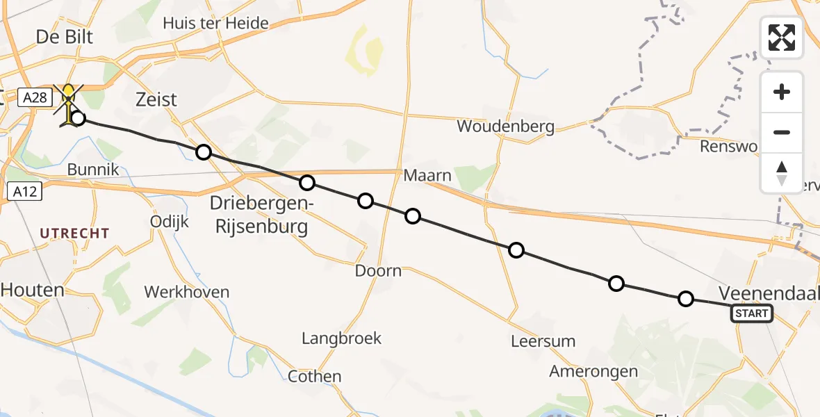 Routekaart van de vlucht: Lifeliner 3 naar Universitair Medisch Centrum Utrecht