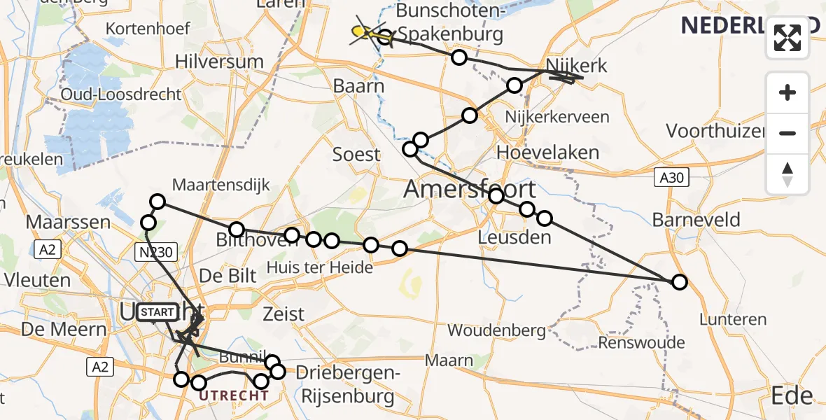 Routekaart van de vlucht: Politieheli naar Eemnes