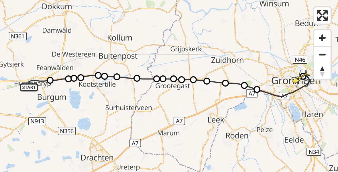 Routekaart van de vlucht: Lifeliner 4 naar Universitair Medisch Centrum Groningen