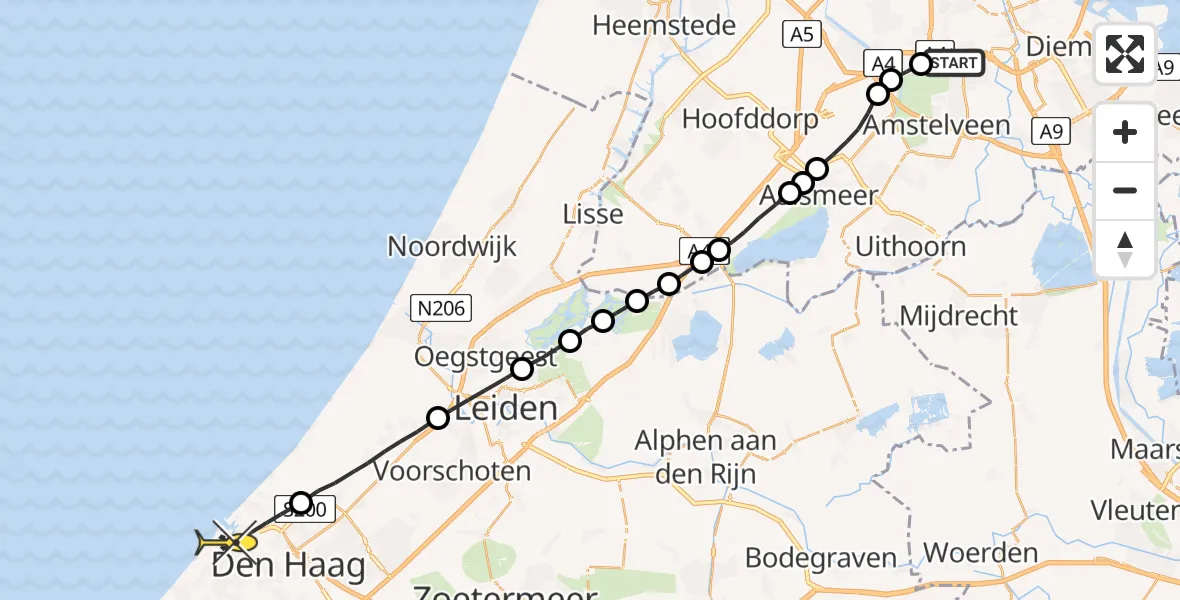 Routekaart van de vlucht: Lifeliner 1 naar Den Haag