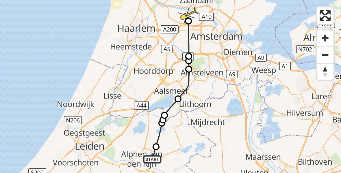 Routekaart van de vlucht: Lifeliner 1 naar Amsterdam Heliport