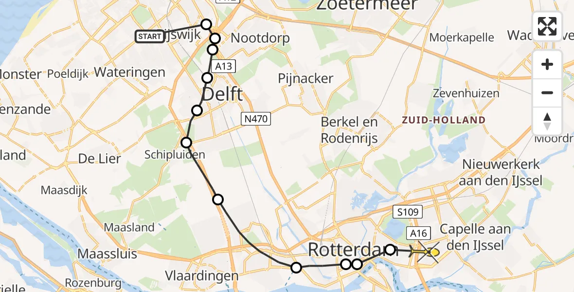 Routekaart van de vlucht: Politieheli naar Rotterdam