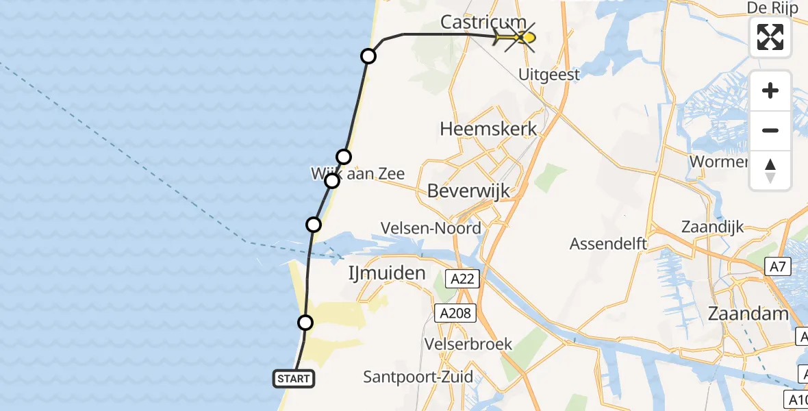 Routekaart van de vlucht: Politiehelikopter naar Castricum