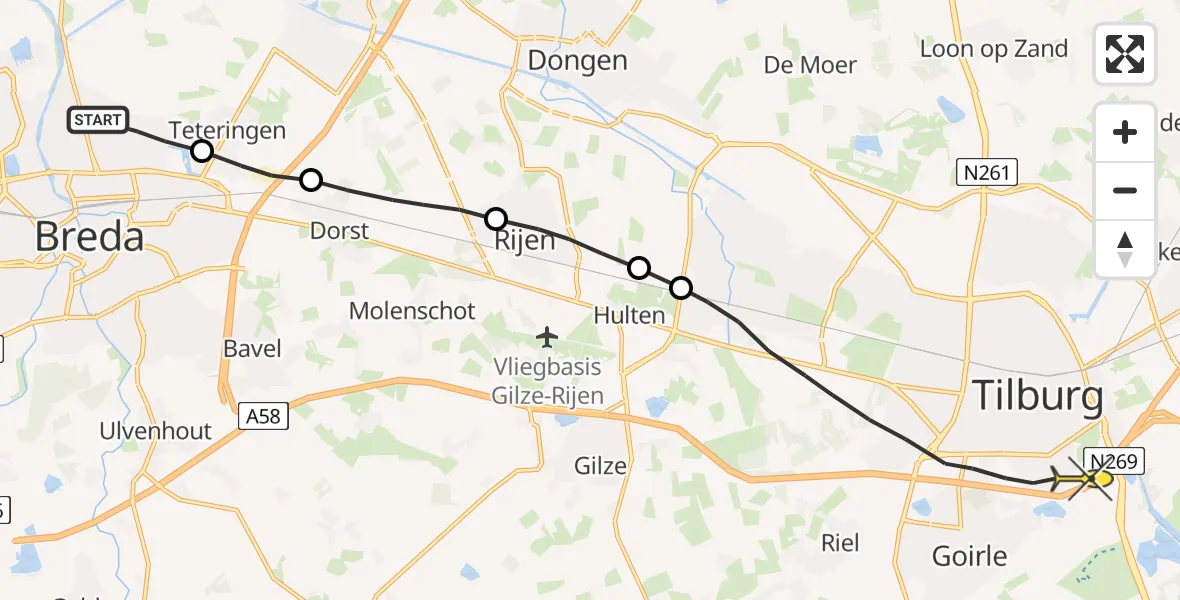 Routekaart van de vlucht: Lifeliner 2 naar Tilburg