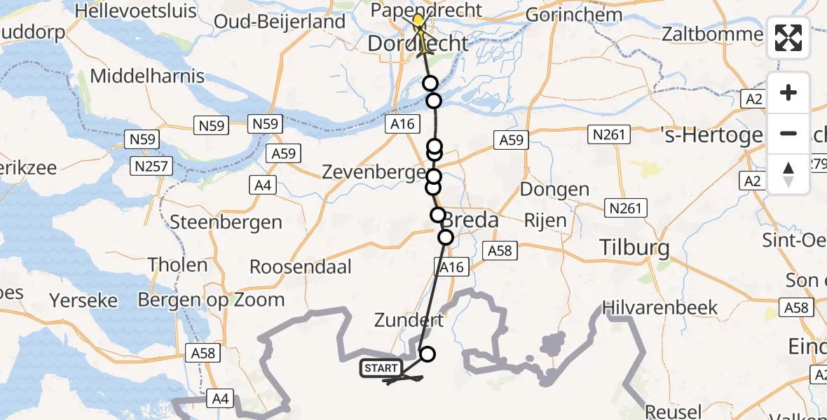 Routekaart van de vlucht: Politiehelikopter naar Dordrecht
