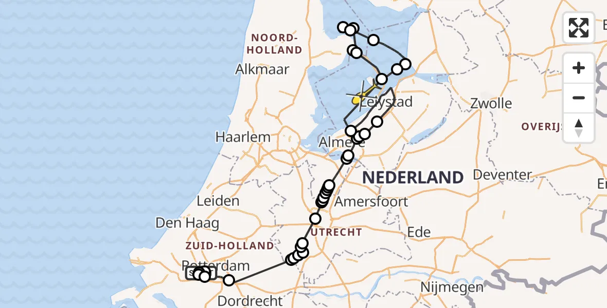 Routekaart van de vlucht: Politieheli naar Lelystad