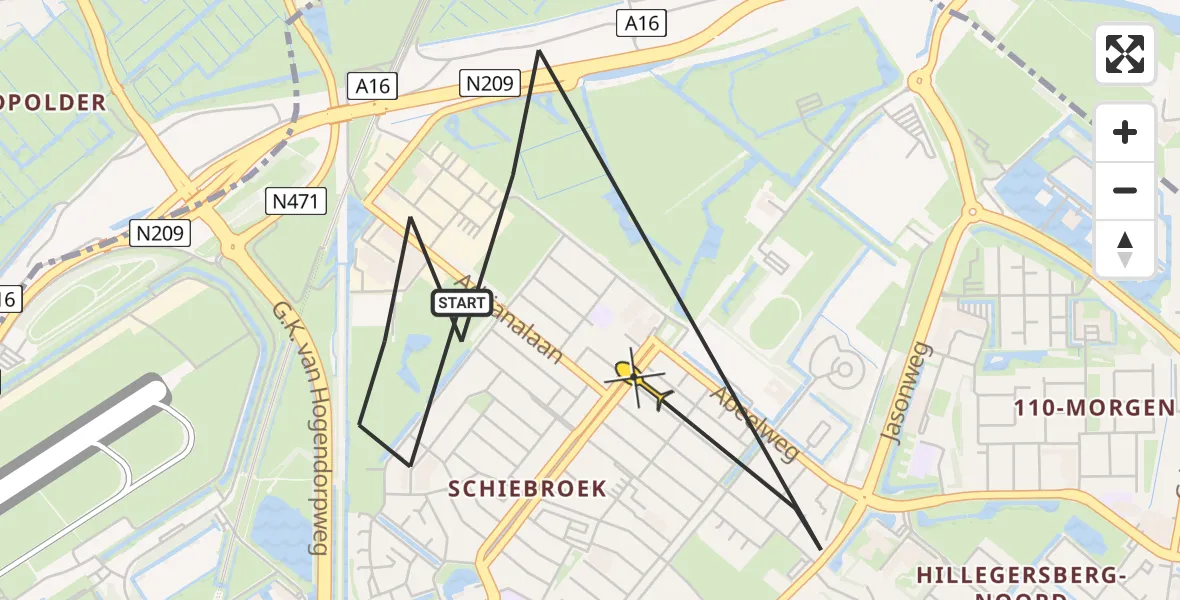 Routekaart van de vlucht: Politieheli naar Rotterdam