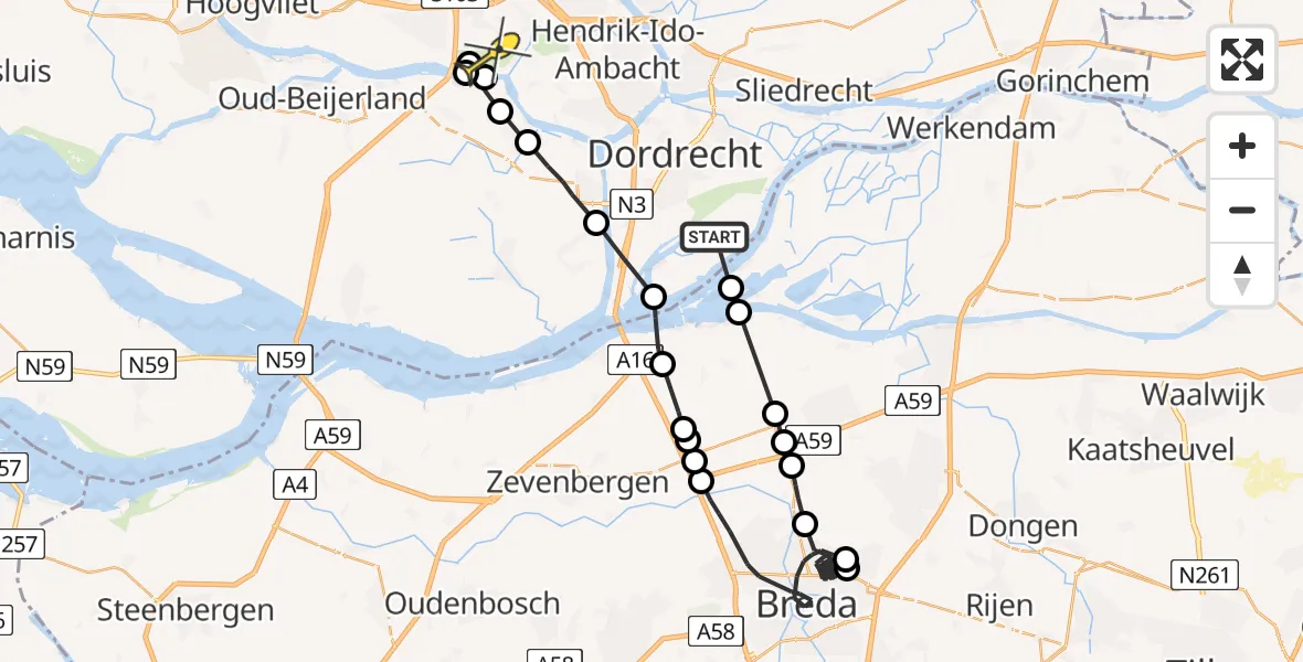 Routekaart van de vlucht: Politieheli naar Barendrecht