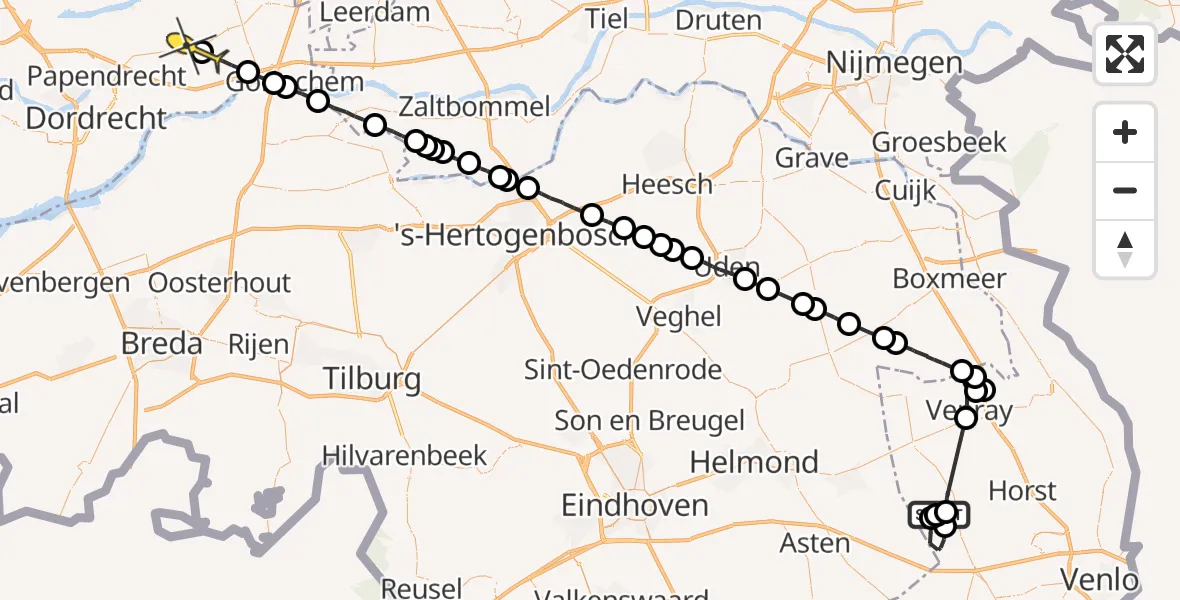 Routekaart van de vlucht: Politieheli naar Molenaarsgraaf