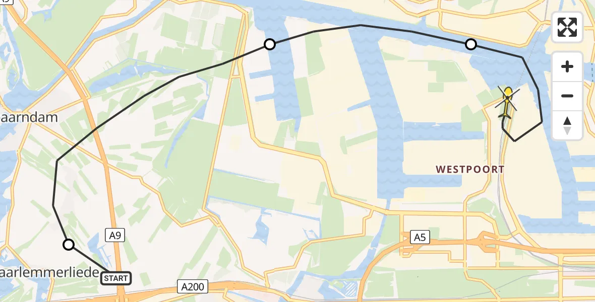 Routekaart van de vlucht: Lifeliner 1 naar Amsterdam Heliport