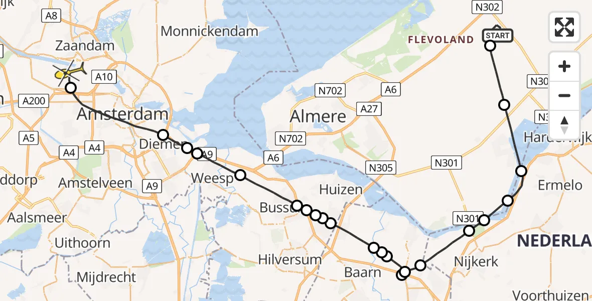 Routekaart van de vlucht: Lifeliner 1 naar Amsterdam Heliport