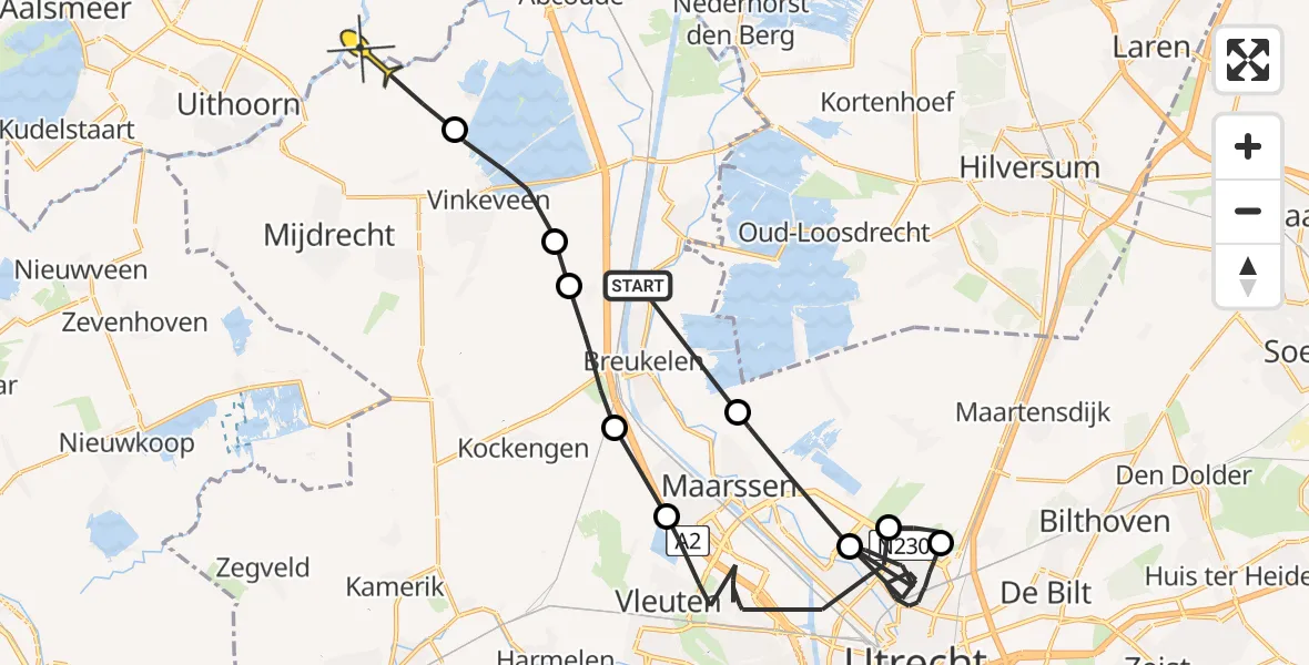 Routekaart van de vlucht: Politieheli naar Ouderkerk aan de Amstel