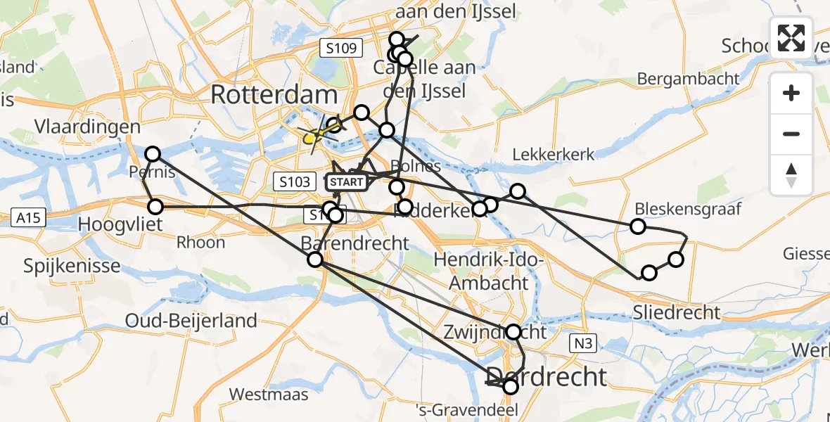 Vluchtroute Politiehelikopter van Rotterdam naar Rotterdam