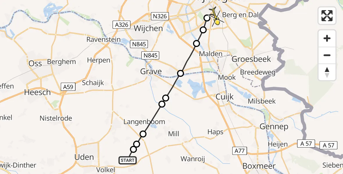 Routekaart van de vlucht: Lifeliner 2 naar Radboud Universitair Medisch Centrum