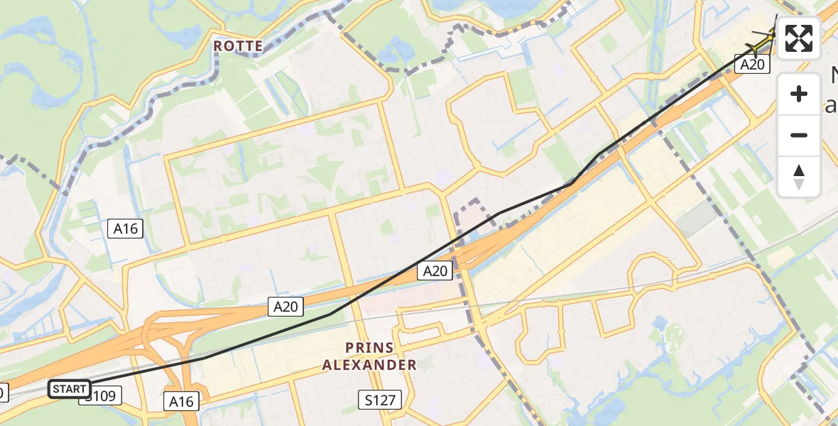 Vluchtroute Politiehelikopter van Rotterdam naar Rotterdam