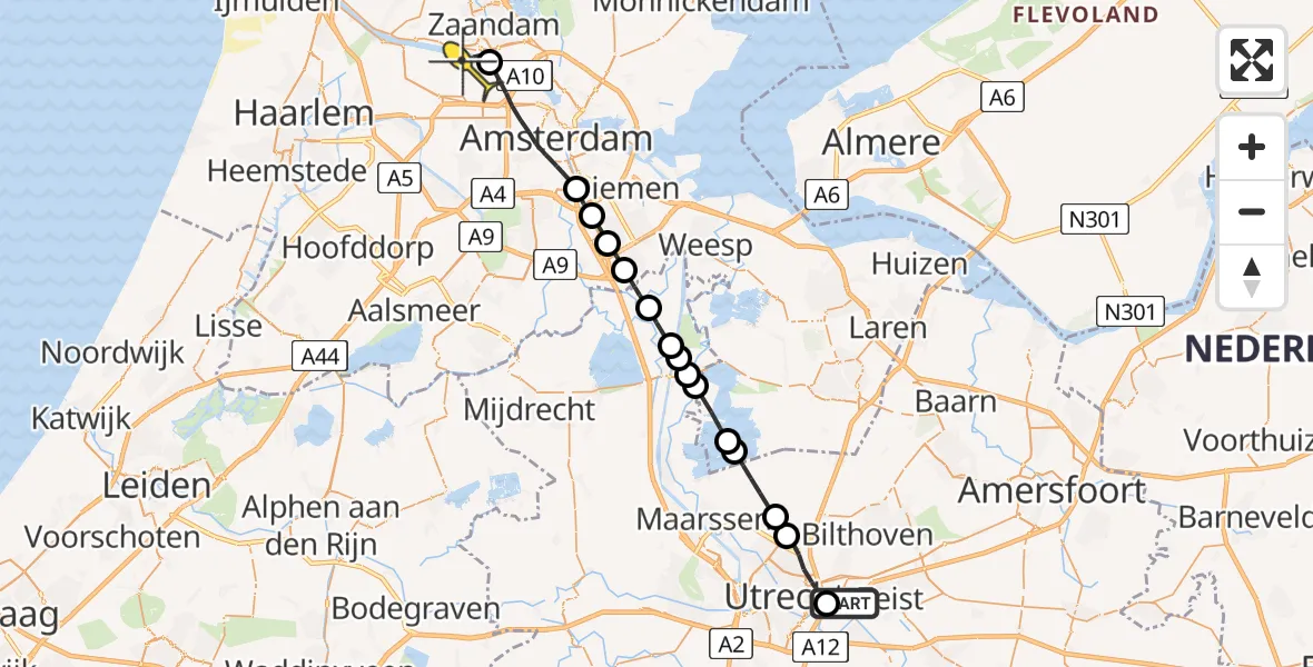 Routekaart van de vlucht: Lifeliner 1 naar Amsterdam Heliport