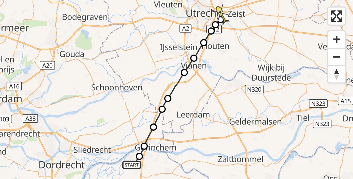 Routekaart van de vlucht: Lifeliner 3 naar Universitair Medisch Centrum Utrecht