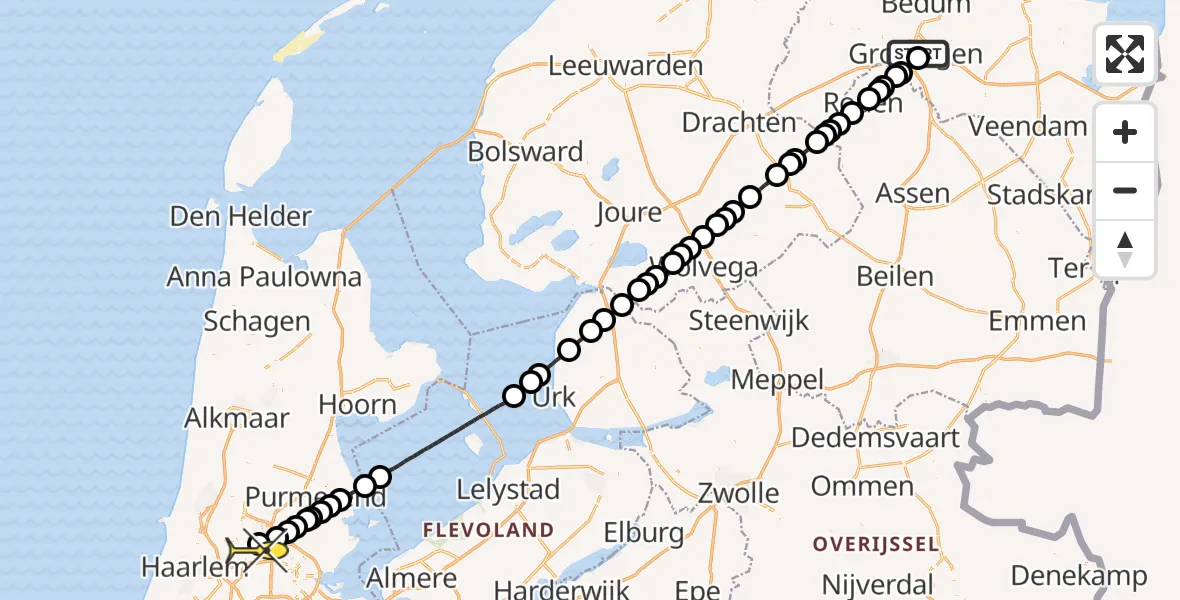 Routekaart van de vlucht: Lifeliner 1 naar Amsterdam Heliport