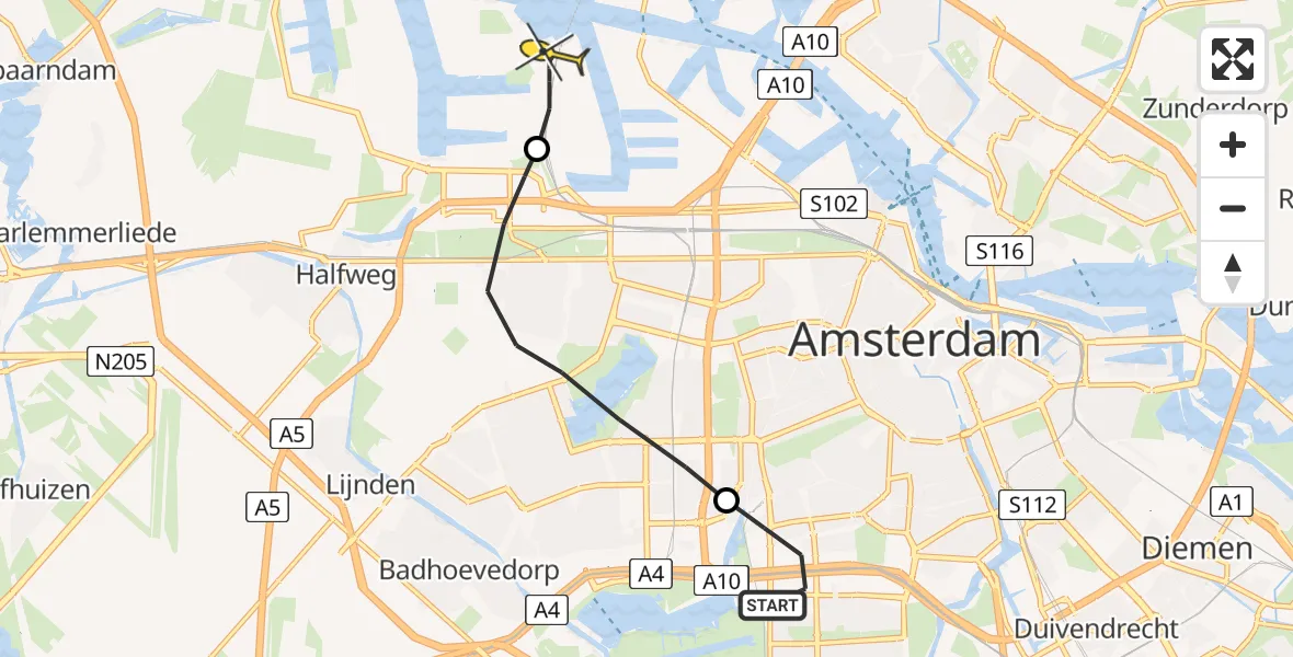 Routekaart van de vlucht: Lifeliner 1 naar Amsterdam Heliport