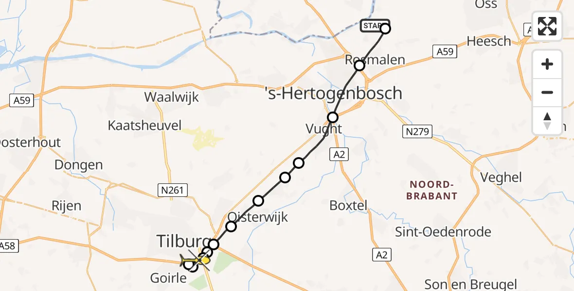 Routekaart van de vlucht: Lifeliner 3 naar Tilburg