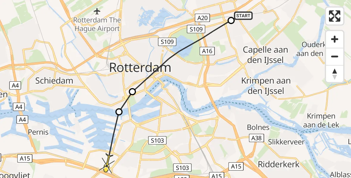 Routekaart van de vlucht: Politieheli naar Rotterdam