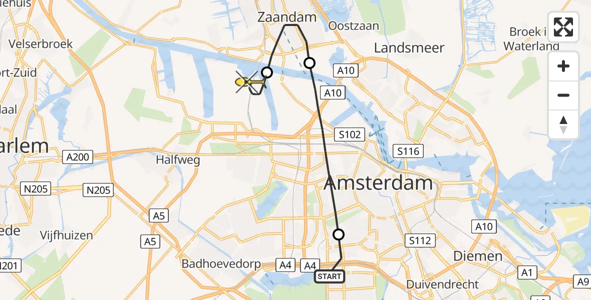 Routekaart van de vlucht: Lifeliner 1 naar Amsterdam Heliport