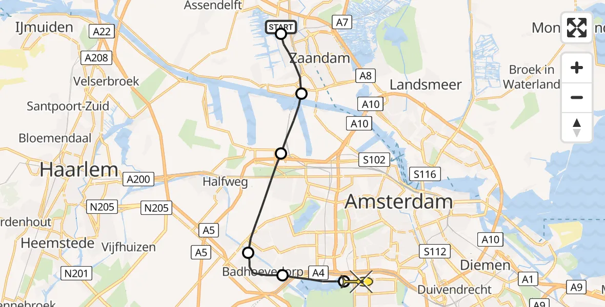 Routekaart van de vlucht: Lifeliner 1 naar VU Medisch Centrum Amsterdam