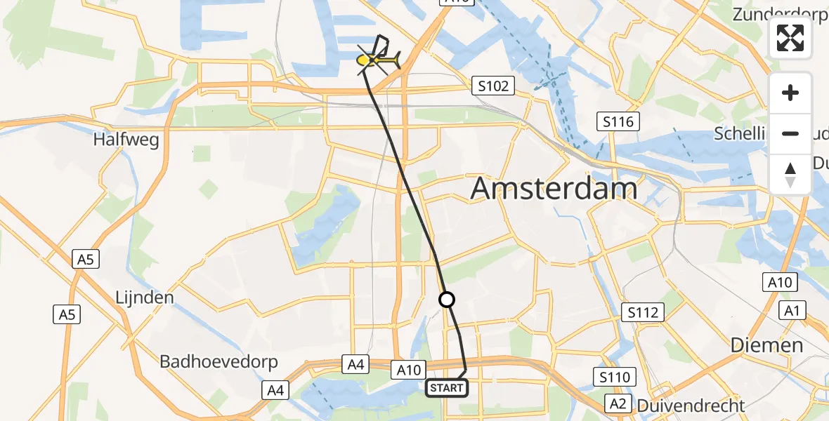 Routekaart van de vlucht: Lifeliner 1 naar Amsterdam