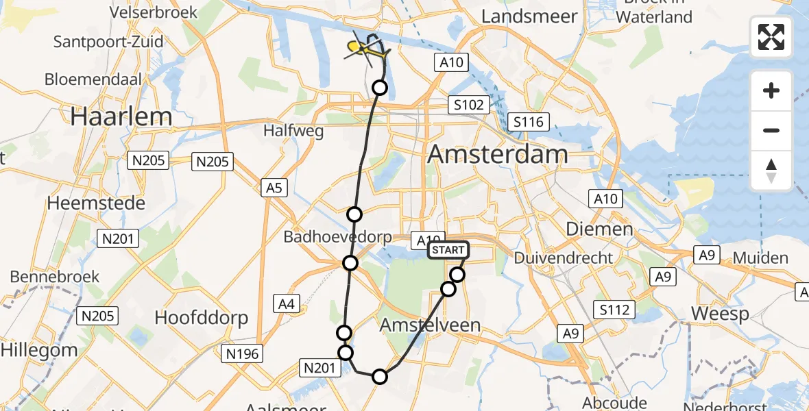 Routekaart van de vlucht: Lifeliner 1 naar Amsterdam Heliport