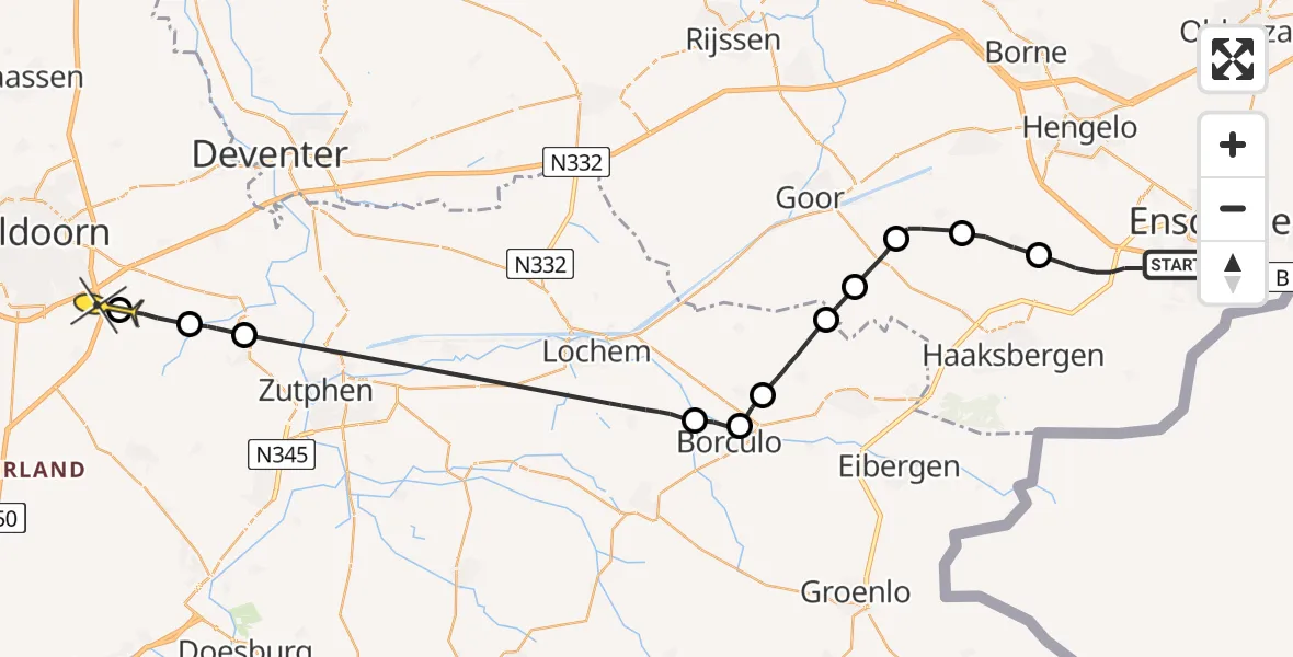 Routekaart van de vlucht: Politieheli naar Klarenbeek