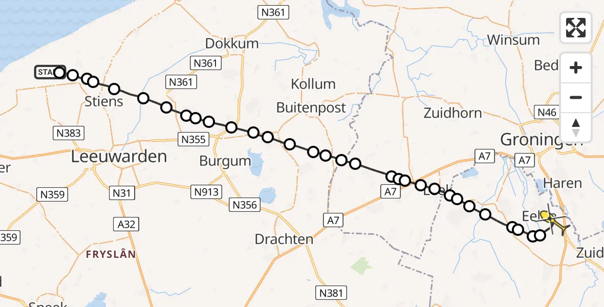 Routekaart van de vlucht: Lifeliner 4 naar Groningen Airport Eelde