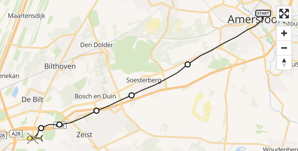 Routekaart van de vlucht: Lifeliner 1 naar Universitair Medisch Centrum Utrecht