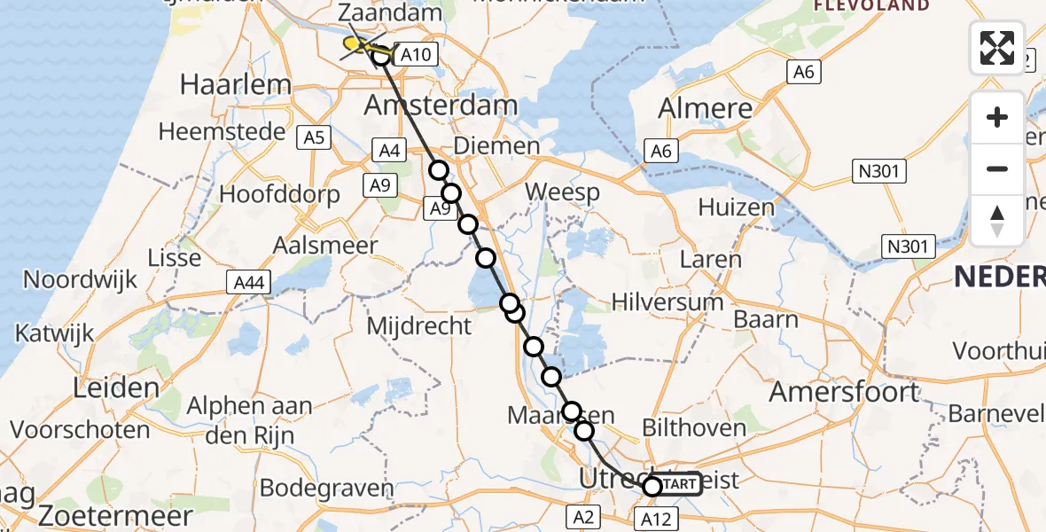 Routekaart van de vlucht: Lifeliner 1 naar Amsterdam Heliport