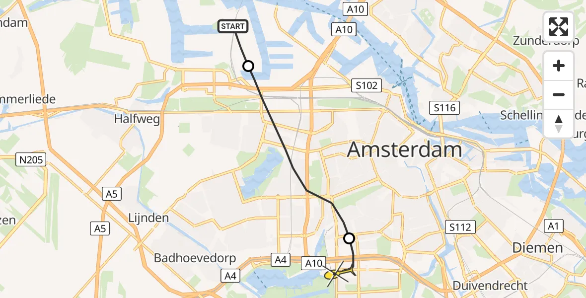 Vluchtroute Traumahelikopter van Amsterdam Heliport naar VU Medisch Centrum Amsterdam
