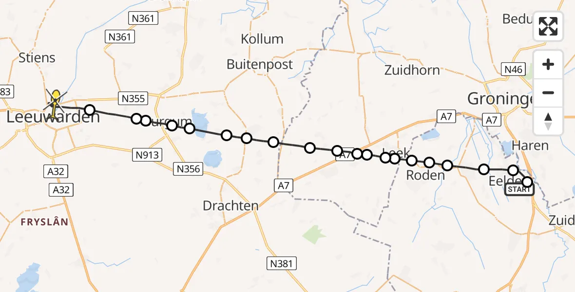 Routekaart van de vlucht: Lifeliner 4 naar Leeuwarden