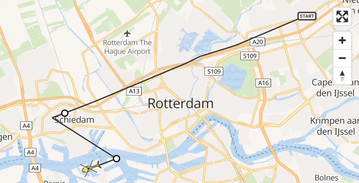 Vluchtroute Politiehelikopter van Rotterdam naar Rotterdam