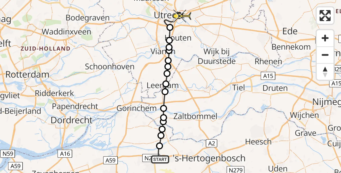 Routekaart van de vlucht: Lifeliner 1 naar Universitair Medisch Centrum Utrecht