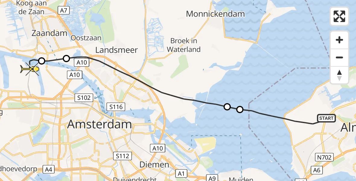 Routekaart van de vlucht: Lifeliner 1 naar Amsterdam Heliport