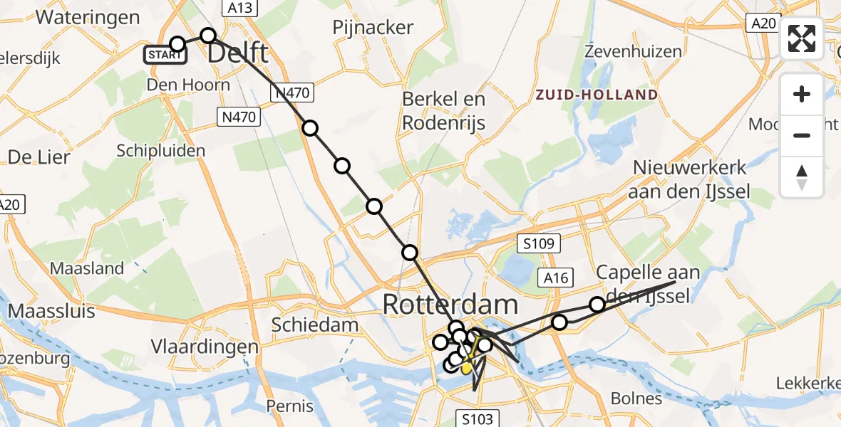 Routekaart van de vlucht: Politieheli naar Rotterdam