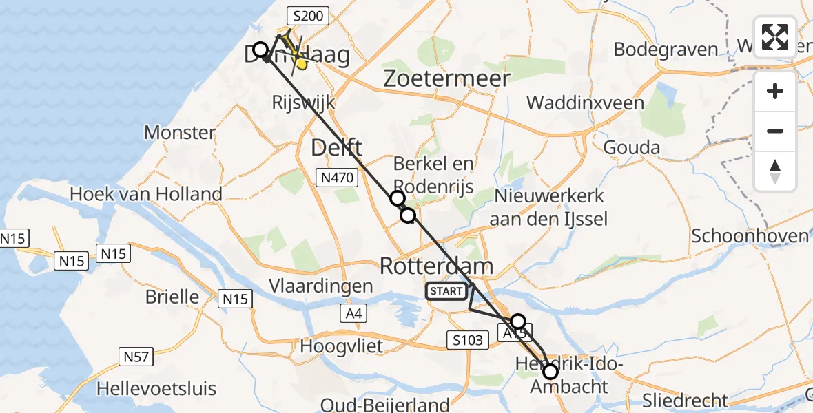 Vluchtroute Politiehelikopter van Rotterdam naar Den Haag