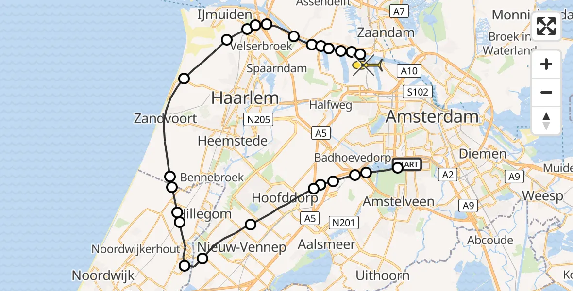 Routekaart van de vlucht: Lifeliner 1 naar Amsterdam Heliport