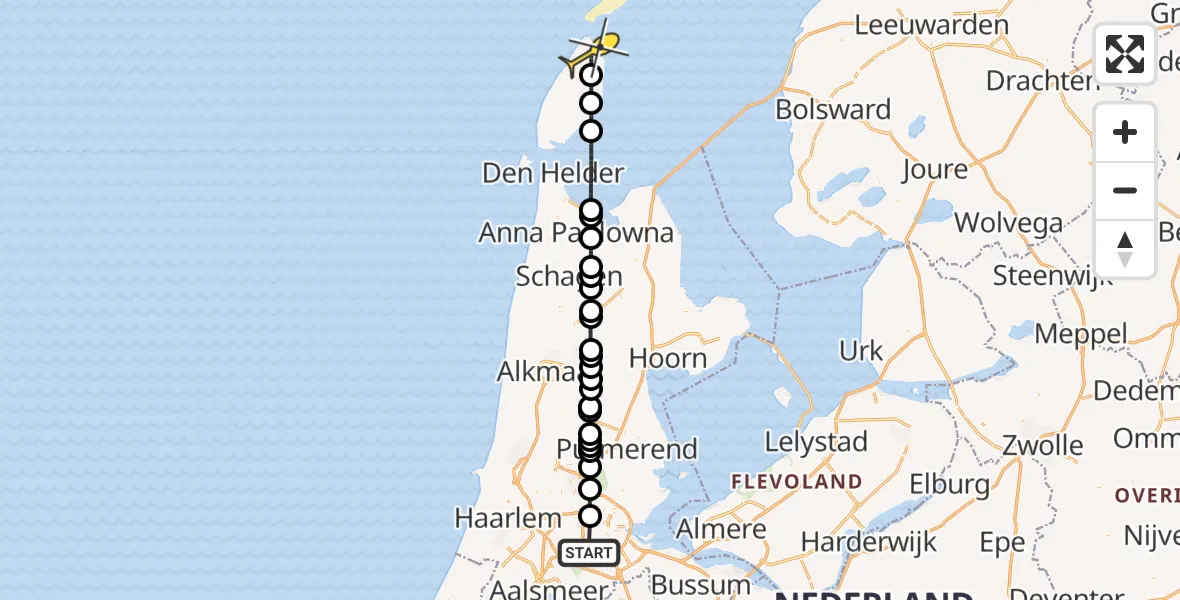 Routekaart van de vlucht: Lifeliner 1 naar De Cocksdorp