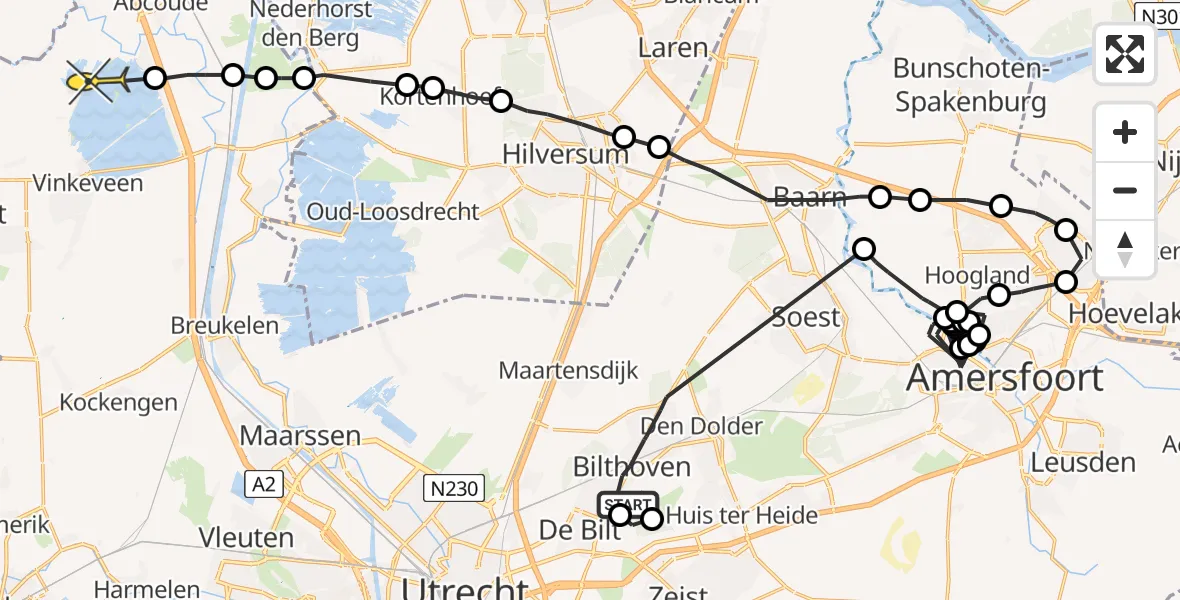 Routekaart van de vlucht: Politieheli naar Vinkeveen