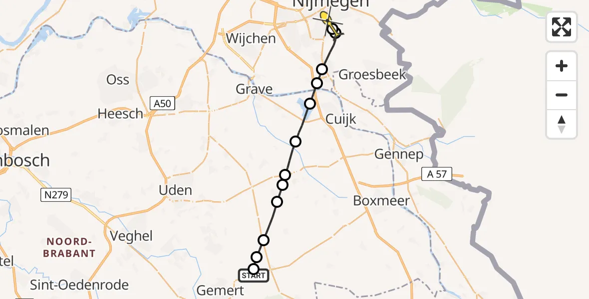 Routekaart van de vlucht: Lifeliner 3 naar Radboud Universitair Medisch Centrum