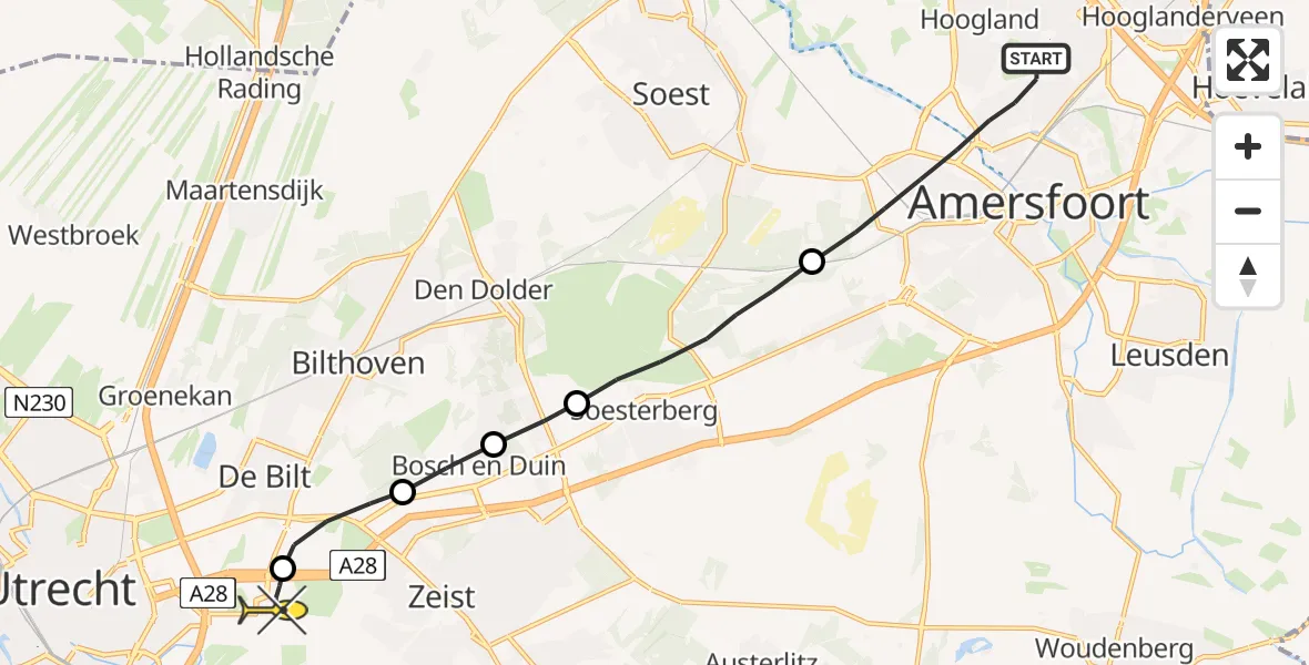 Routekaart van de vlucht: Lifeliner 1 naar Universitair Medisch Centrum Utrecht