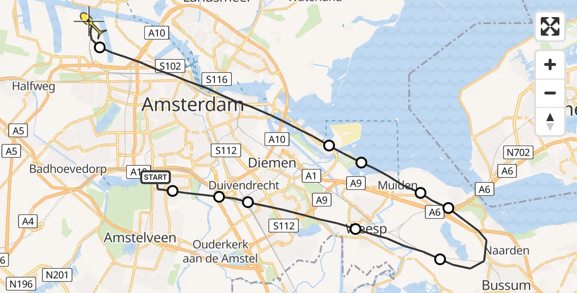Routekaart van de vlucht: Lifeliner 1 naar Amsterdam Heliport