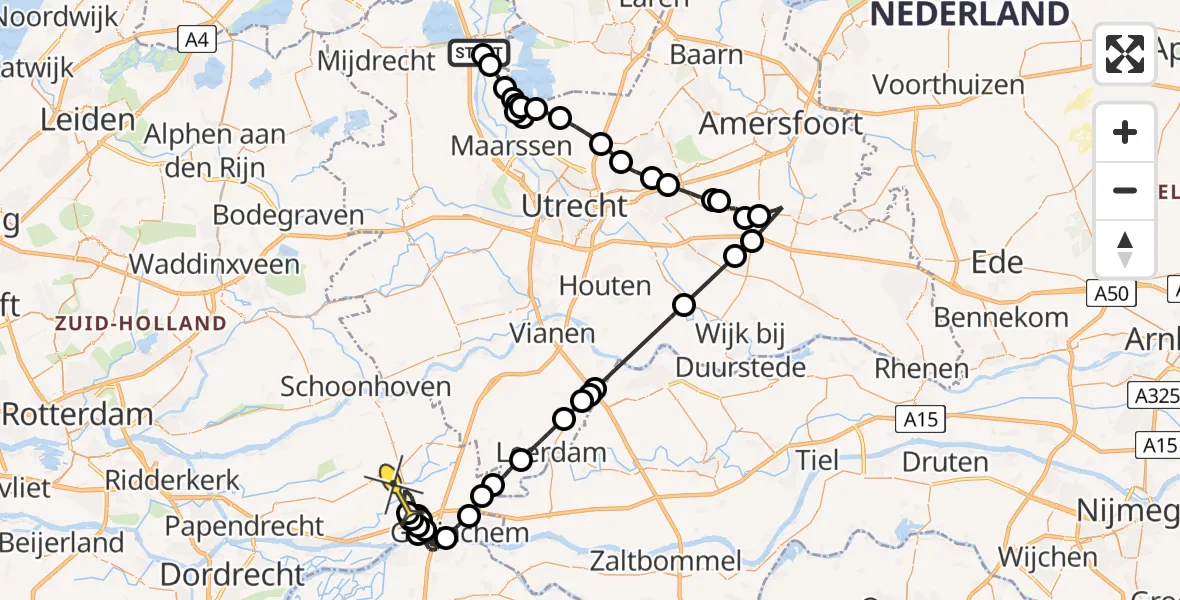 Routekaart van de vlucht: Politieheli naar Giessenburg