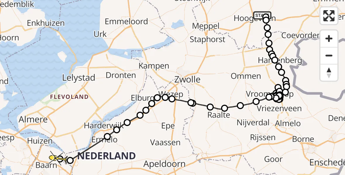 Routekaart van de vlucht: Politieheli naar Bunschoten-Spakenburg