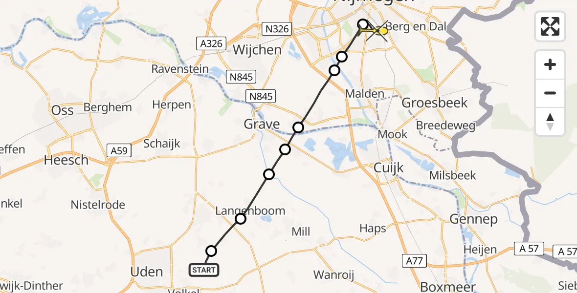 Routekaart van de vlucht: Lifeliner 3 naar Radboud Universitair Medisch Centrum