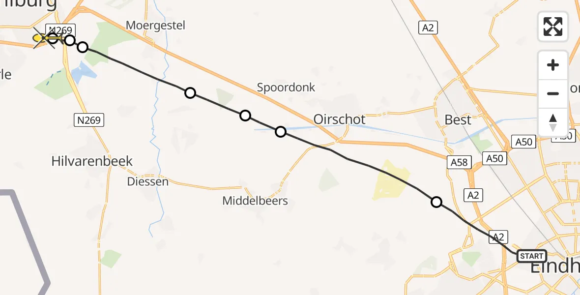 Routekaart van de vlucht: Lifeliner 3 naar Tilburg